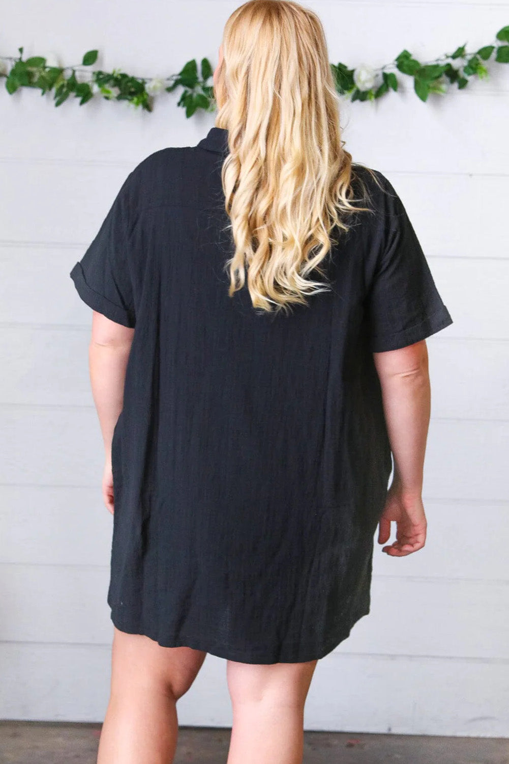 Black Plus Size Shirt Collar Buttoned Short Sleeve Shift Dress Plus Size JT's Designer Fashion