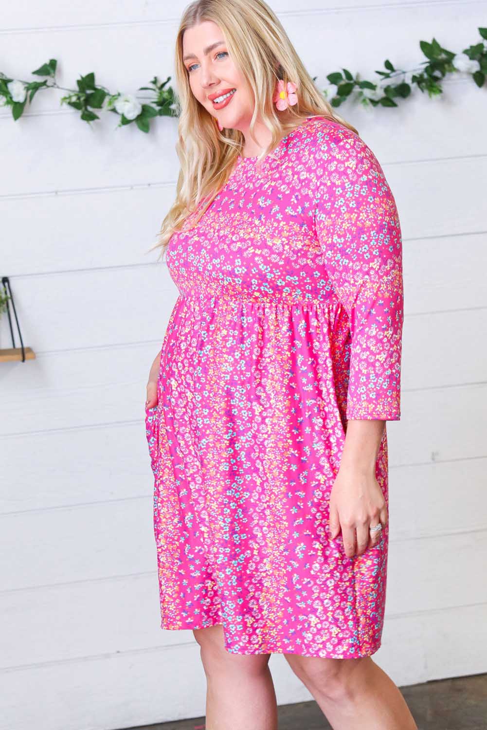 Pink Plus Size Sweet Floral Pocketed 3/4 Sleeve Dress Plus Size JT's Designer Fashion