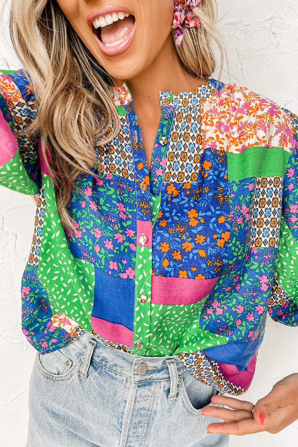 Multicolor Ditsy Floral Patchwork Puff Sleeve Shirt Tops & Tees JT's Designer Fashion