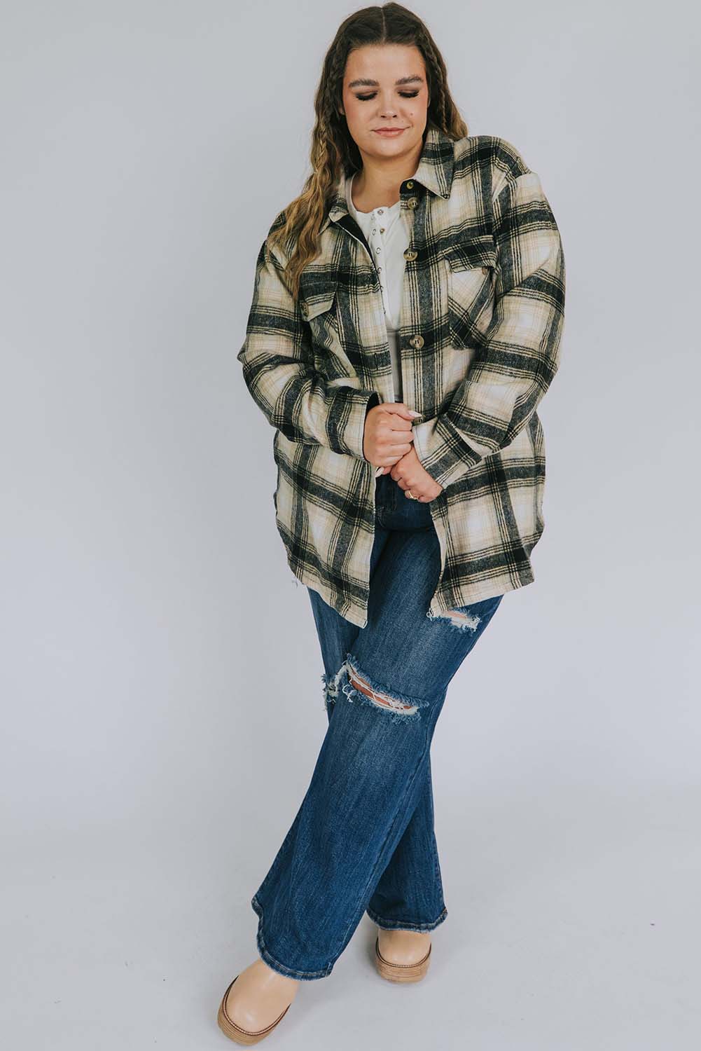 Black Red Plus Size Plaid Flap Chest Pocket Shacket Plus Size JT's Designer Fashion