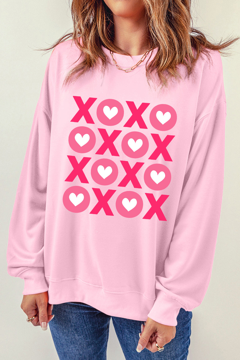 Pink XOXO Heart Print O Neck Drop Shoulder Sweatshirt Graphic Sweatshirts JT's Designer Fashion