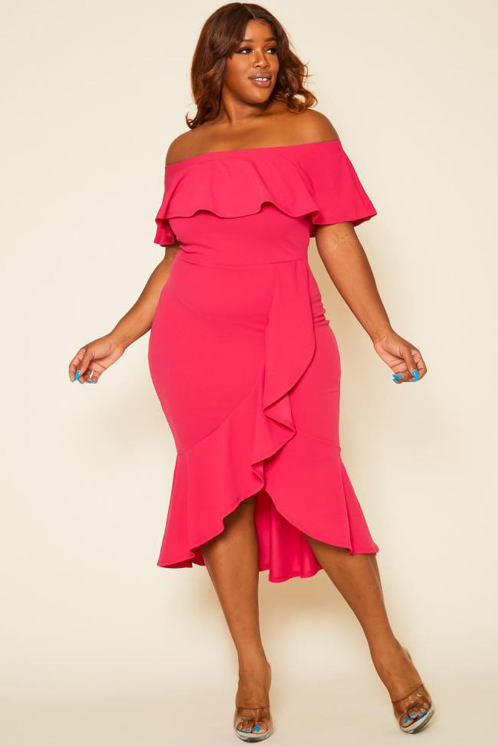 Rose Ruffled Off Shoulder High Low Plus Size Dress Plus Size JT's Designer Fashion