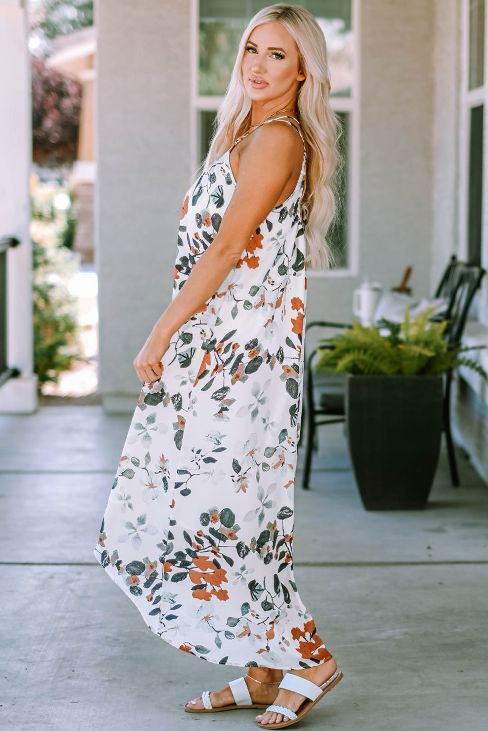 White Floral Print Spaghetti Straps Maxi Dress Maxi Dresses JT's Designer Fashion