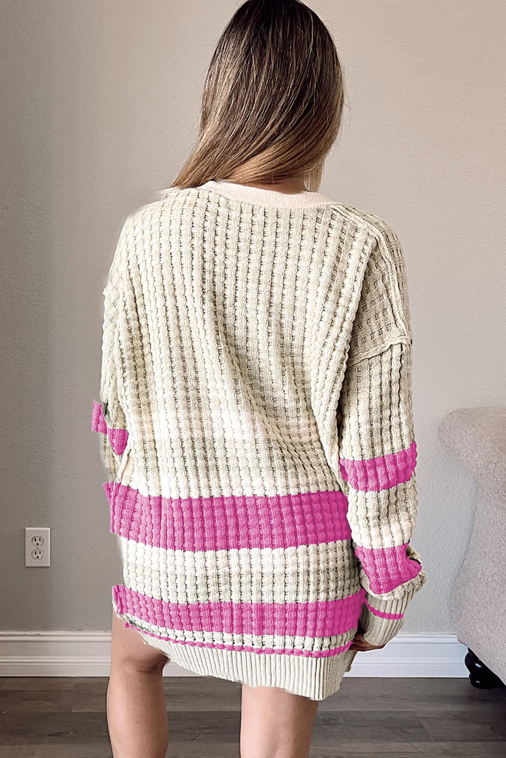 Dark Pink Colorblock Textured Knit Buttoned Cardigan Pre Order Sweaters & Cardigans JT's Designer Fashion