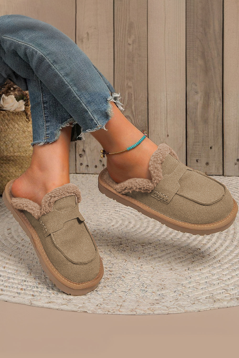 Pale Khaki Sherpa Detail Slip On Winter Womens Shoes Women's Shoes JT's Designer Fashion