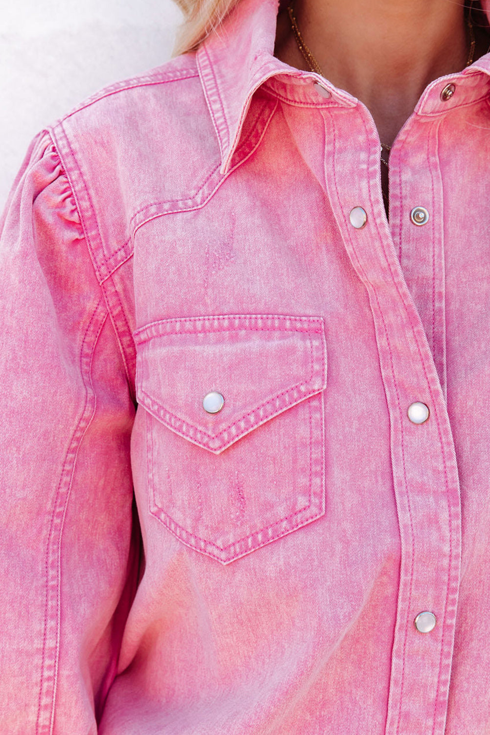 Barbie Style Pink Acid Washed Snap Buttons Denim Shirt Blouses & Shirts JT's Designer Fashion