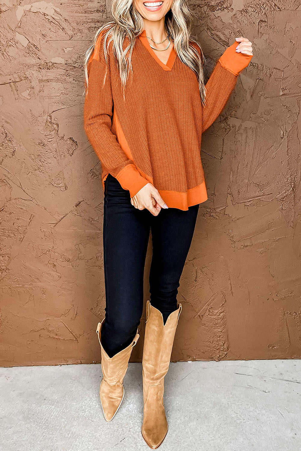 Orange Waffle Knit Patchwork V Neck Long Sleeve Top Long Sleeve Tops JT's Designer Fashion