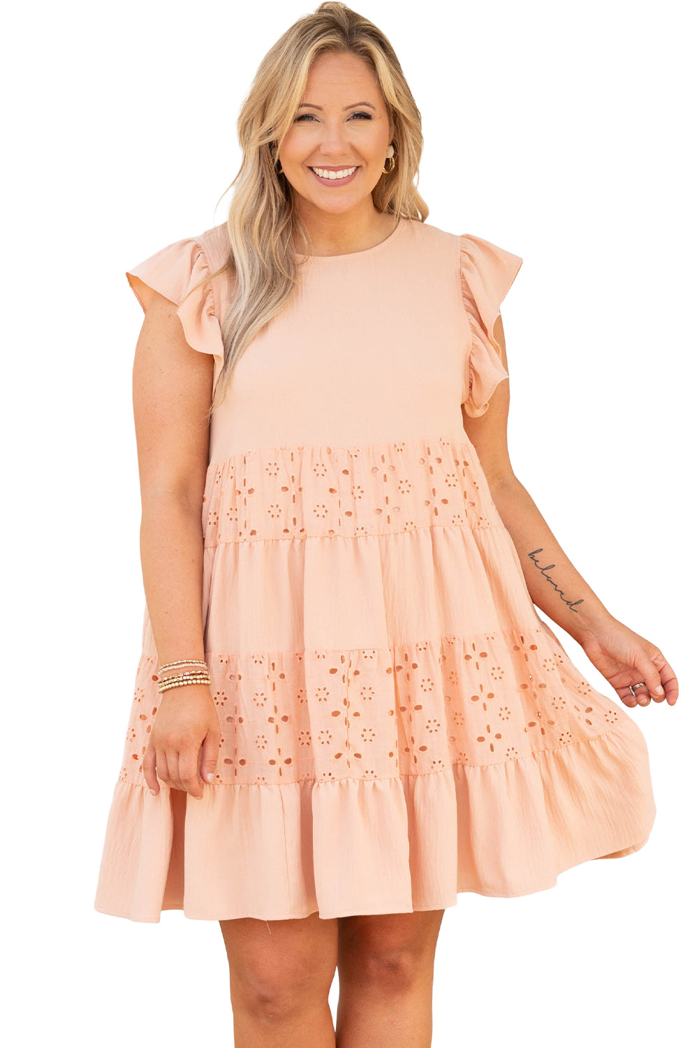 Orange Broderie Anglaise Patchwork Tiered Curvy Dress Plus Size Dresses JT's Designer Fashion