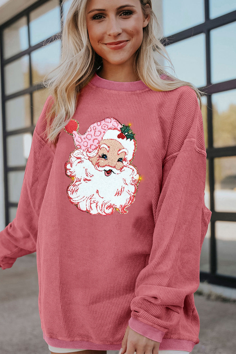 Strawberry Pink Santa Claus Sparkle Corded Crew Neck Sweatshirt Graphic Sweatshirts JT's Designer Fashion