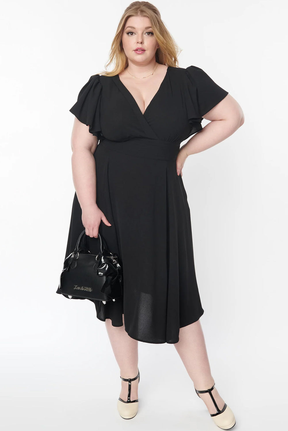 Black Plus Size Flutter Sleeve V Neck Midi Dress Plus Size Dresses JT's Designer Fashion