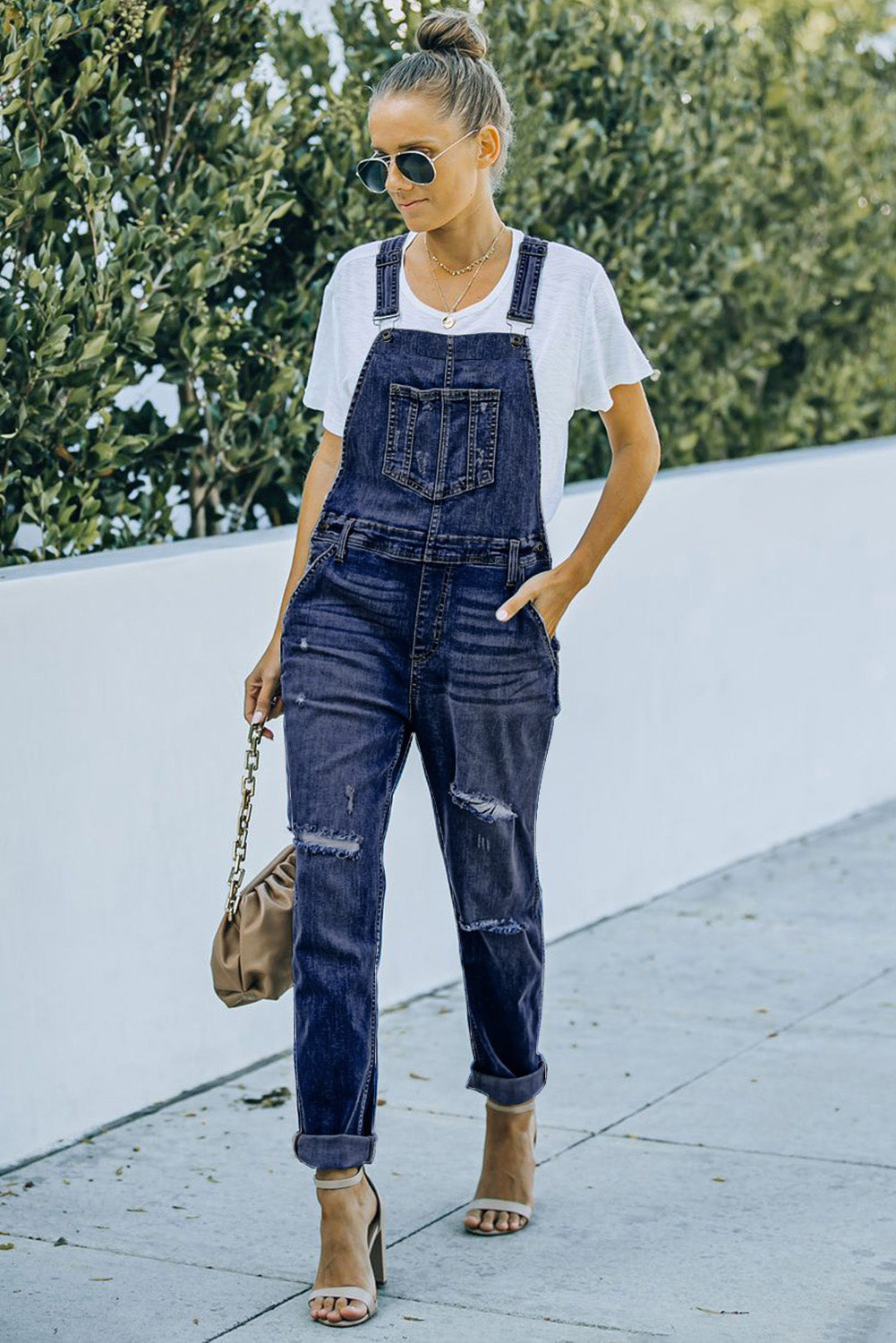 Blue Distressed Bib Denim Overalls Jeans JT's Designer Fashion