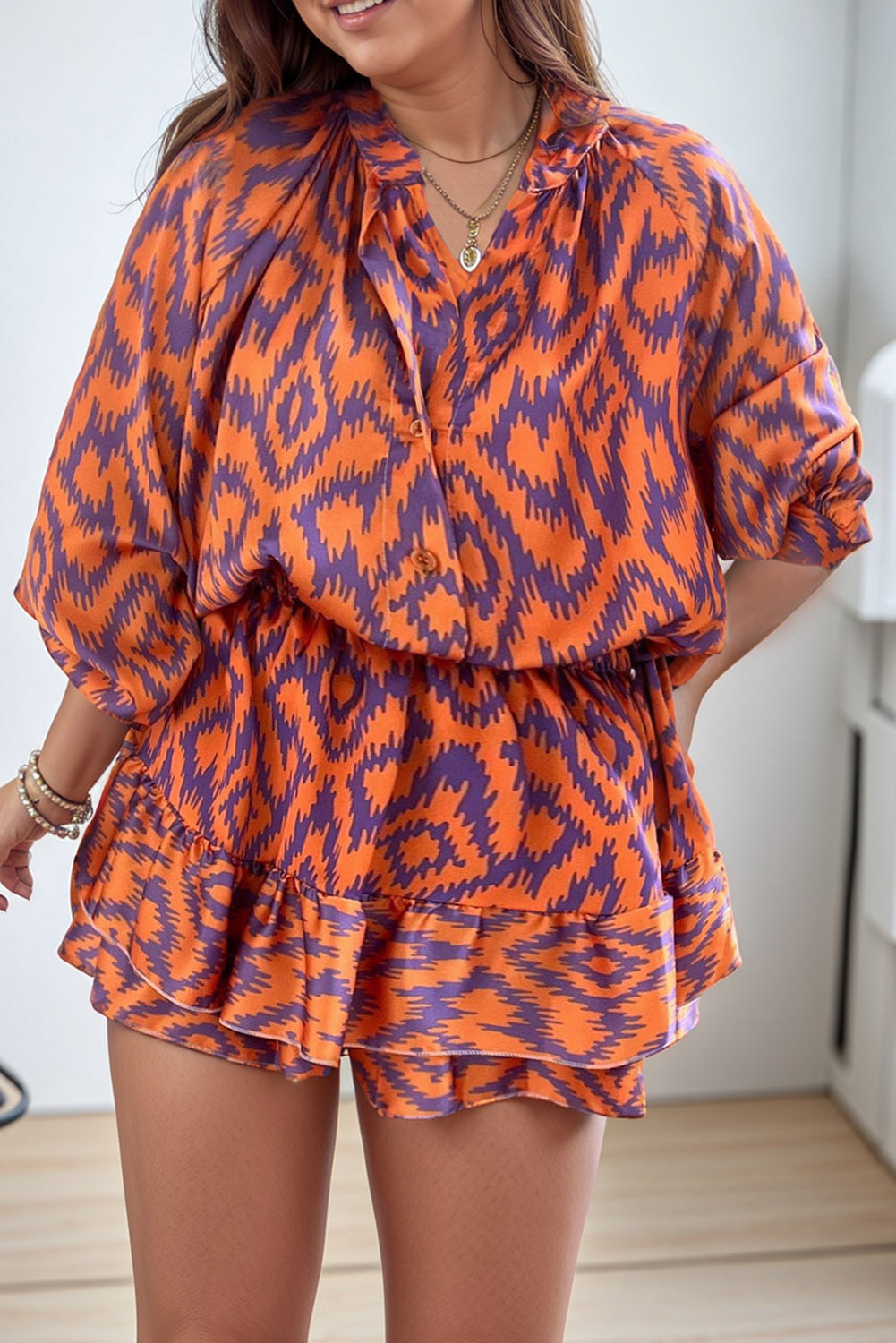 Orange Plus Aztec Printed Long Sleeve Ruffle Romper Plus Size JT's Designer Fashion