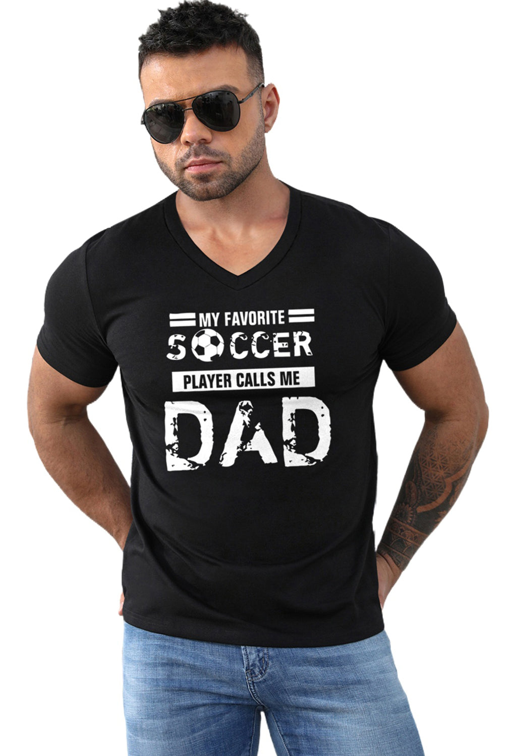Black SOCCER DAD Letter Graphic Print V Neck T Shirt Men's Tops JT's Designer Fashion