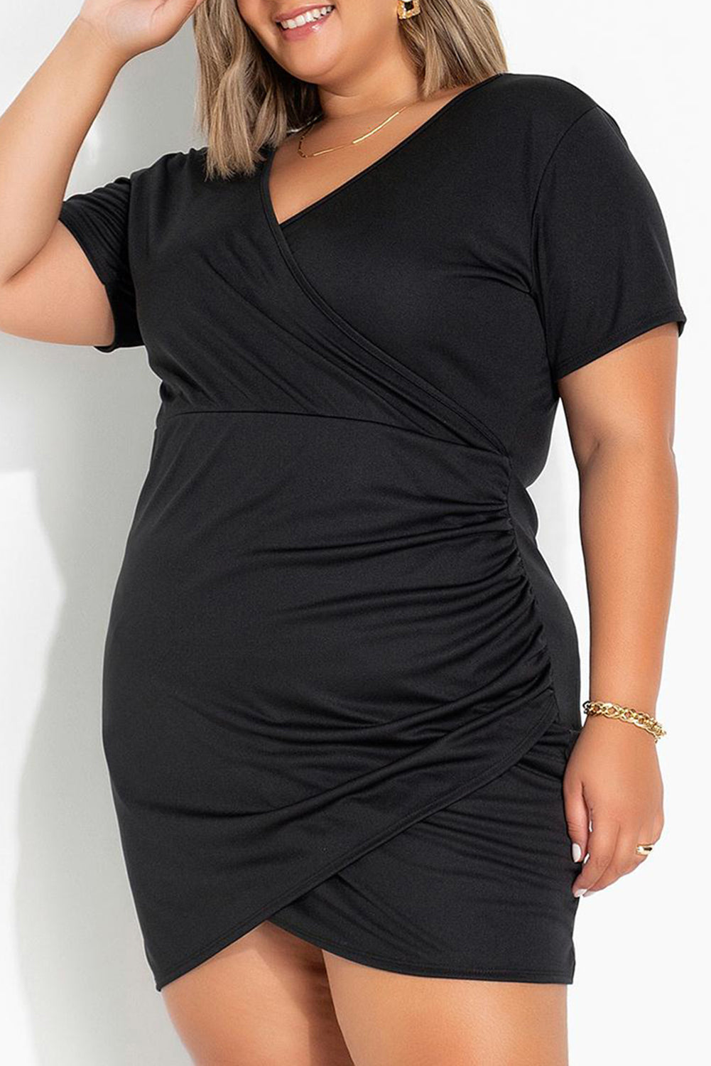 Black Wrap Ruched Short Sleeves Plus Size Mini Dress Plus Size Dresses JT's Designer Fashion