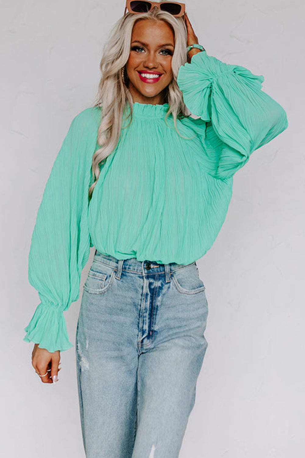 Green Striking Pleated Flared Cuff Long Sleeve Blouse Tops & Tees JT's Designer Fashion