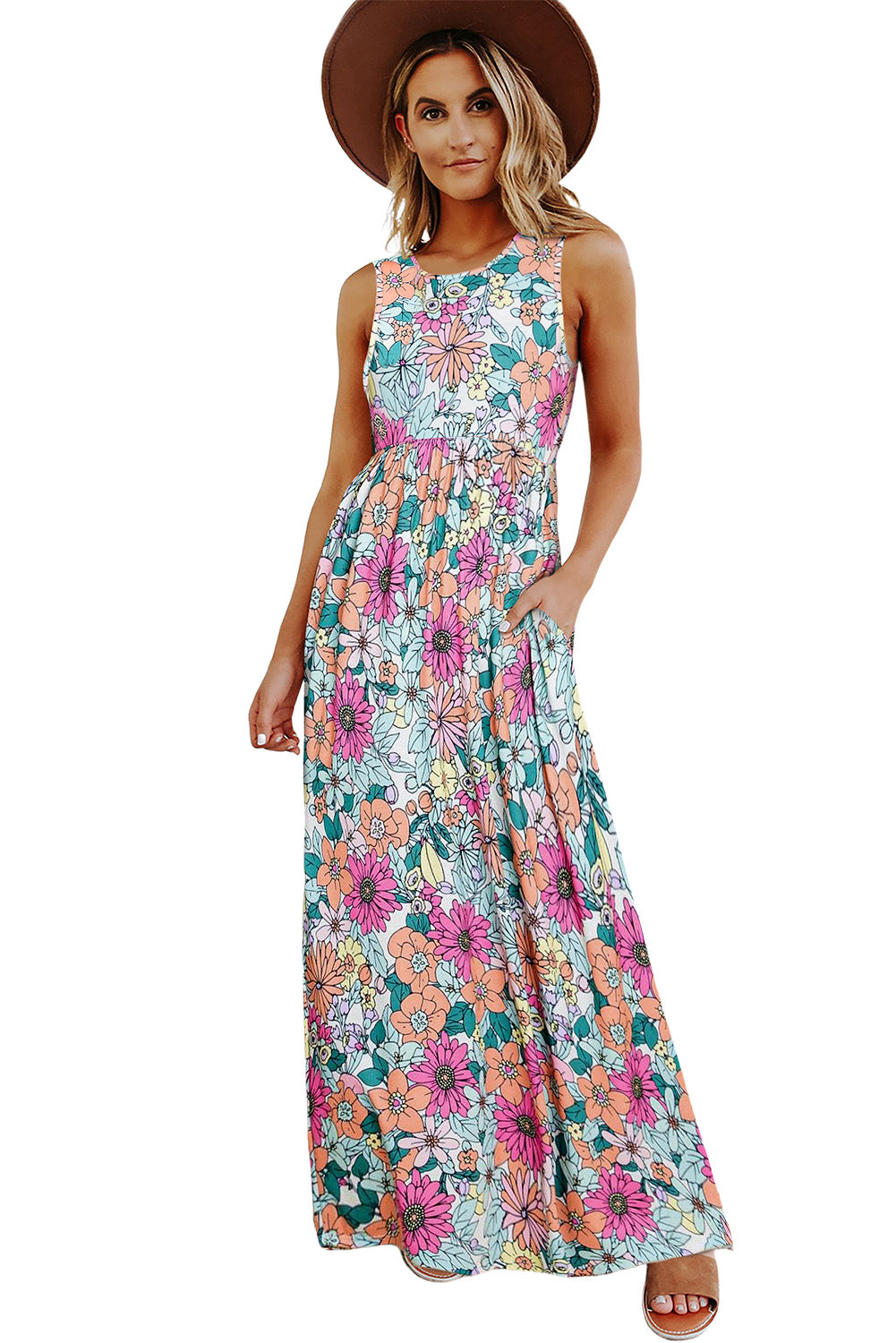 Multicolor Floral Print High Waist Sleeveless Maxi Dress Floral Dresses JT's Designer Fashion