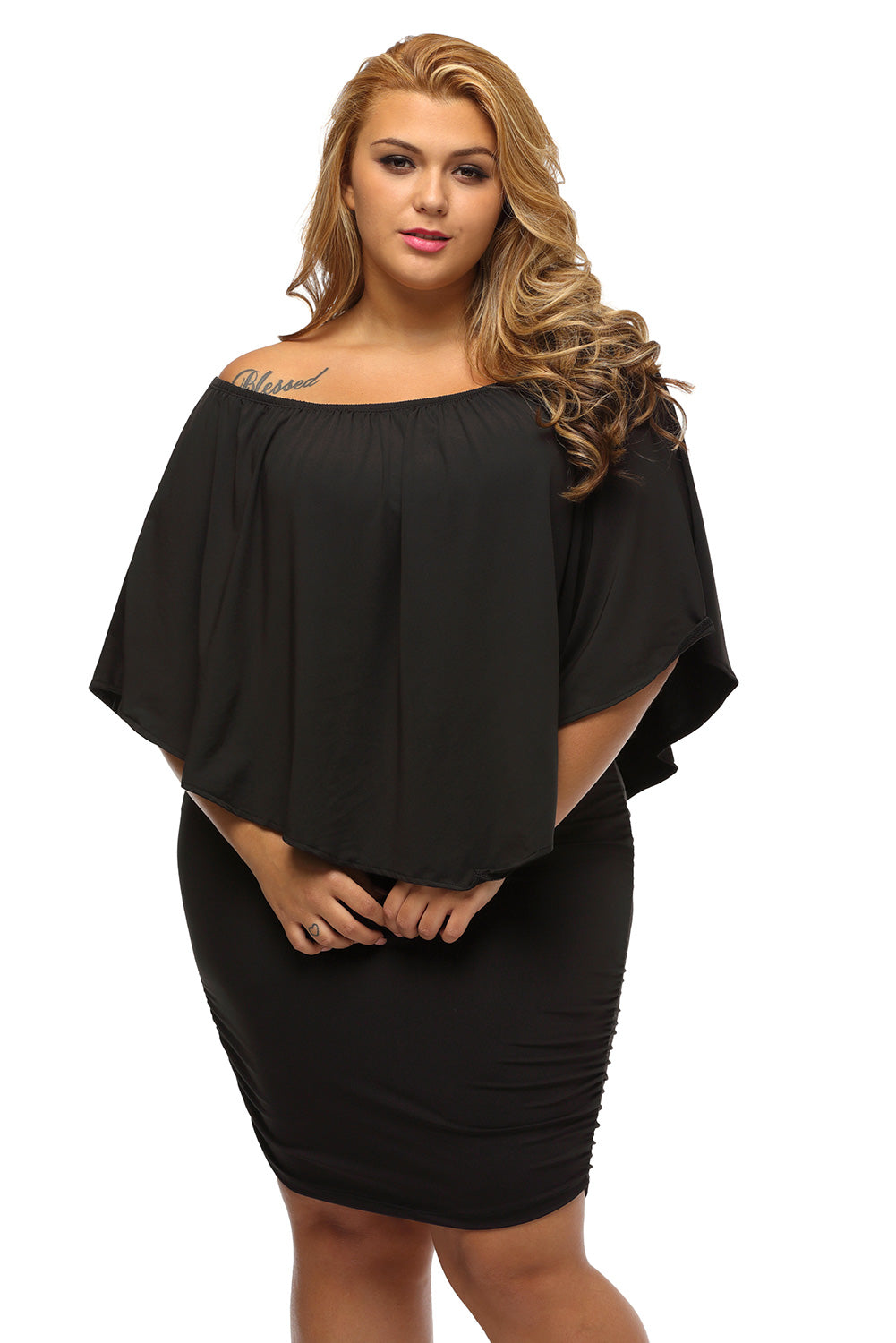 Plus Size Multiple Dressing Layered Black Mini Poncho Dress Black 95%polyester+5%spandex Plus Size Dresses JT's Designer Fashion