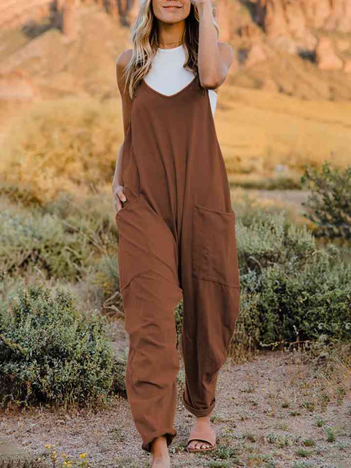 Double Take Full Size Sleeveless V-Neck Pocketed Jumpsuit Chestnut Jumpsuits & Rompers JT's Designer Fashion