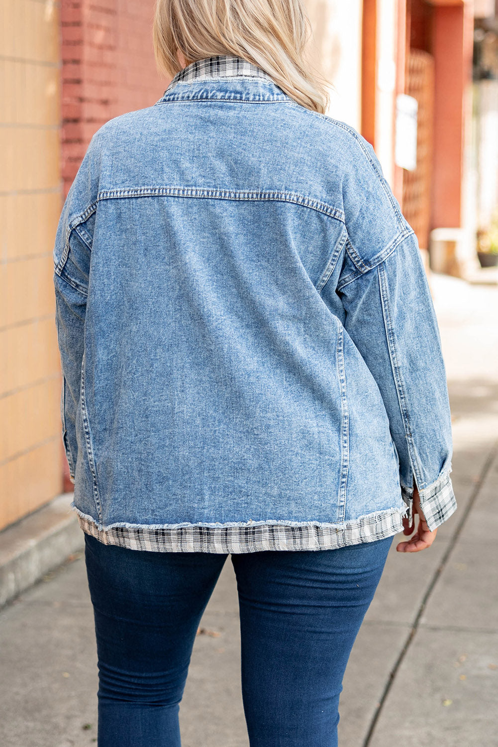 Sky Blue Frayed Plaid Splicing Plus Size Denim Jacket Denim jackets JT's Designer Fashion