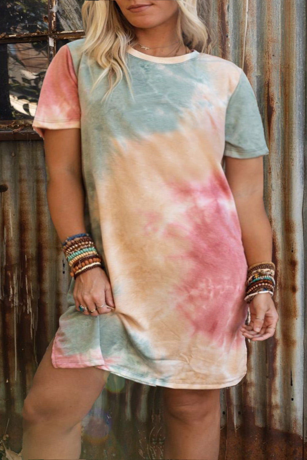 Multicolor Plus Size Tie Dye Slit T-shirt Dress Plus Size Dresses JT's Designer Fashion