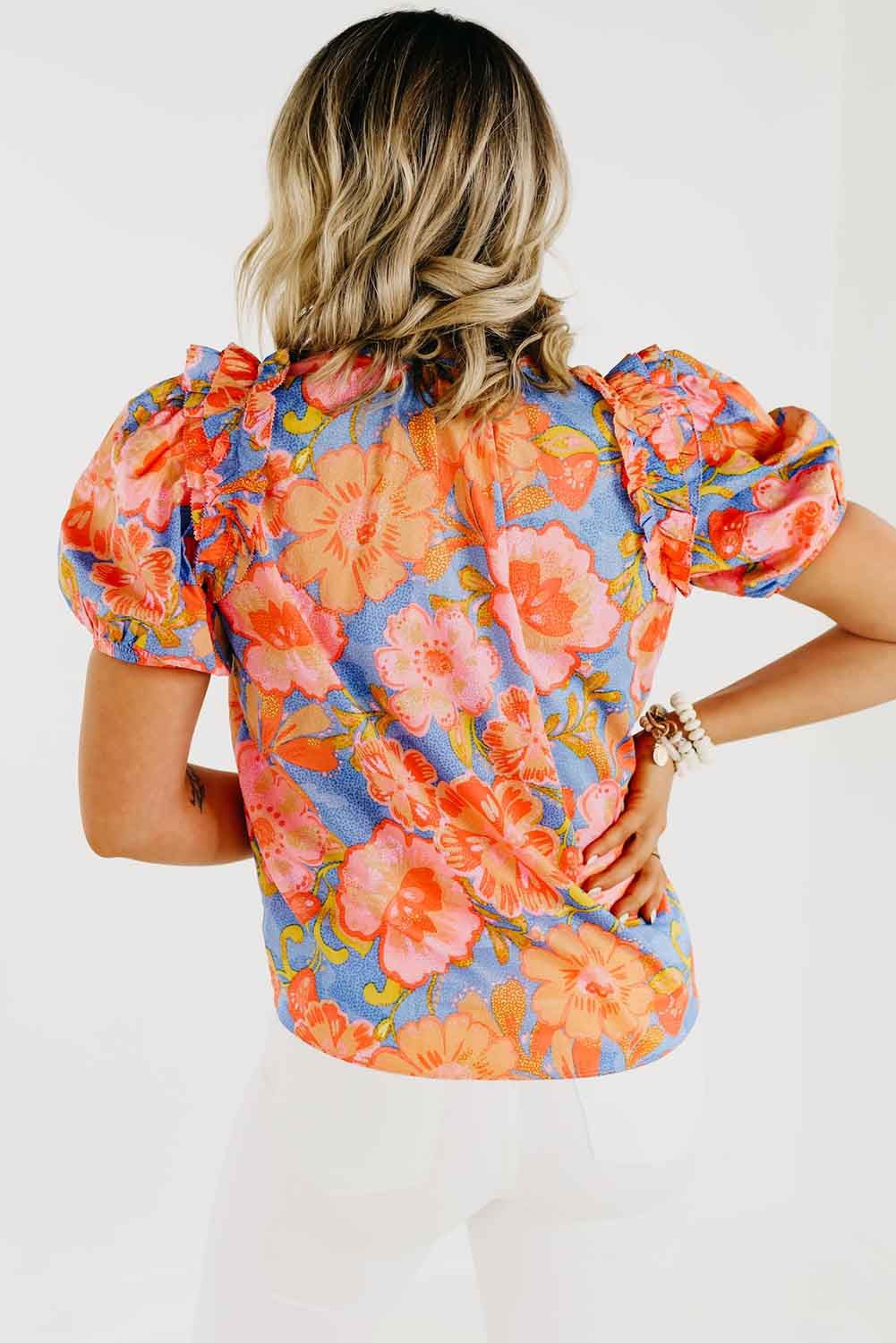 Multicolor Floral Bubble Sleeve V-Neck Plus Size Blouse Plus Size JT's Designer Fashion