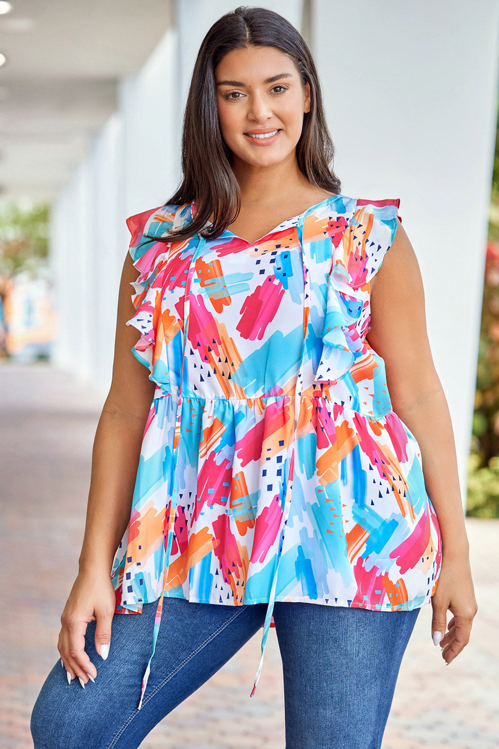 Multicolor Plus Size Abstract Print Short Sleeve V Neck Ruffle Blouse Plus Size JT's Designer Fashion