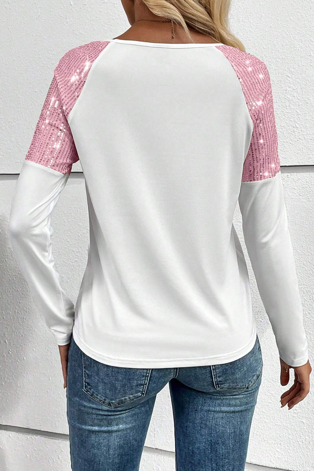 Pink Sequin Patch Chest Pocket Raglan Sleeve Top Tops & Tees JT's Designer Fashion