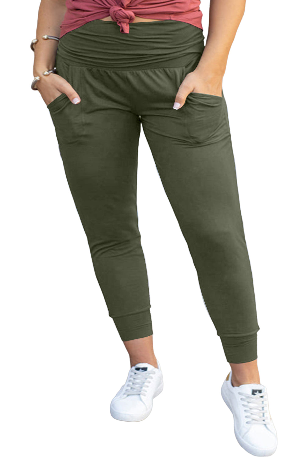 Mist Green Plus Size High Waist Pocketed Skinny Pants Plus Size JT's Designer Fashion