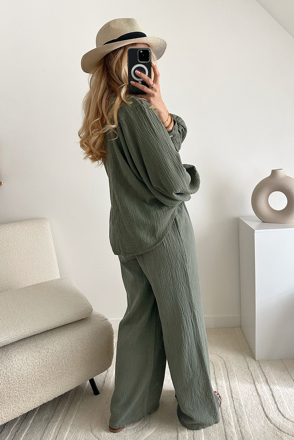 Mist Green Plus Size Crinkle Split Neck Drawstring Pants Set Plus Size JT's Designer Fashion