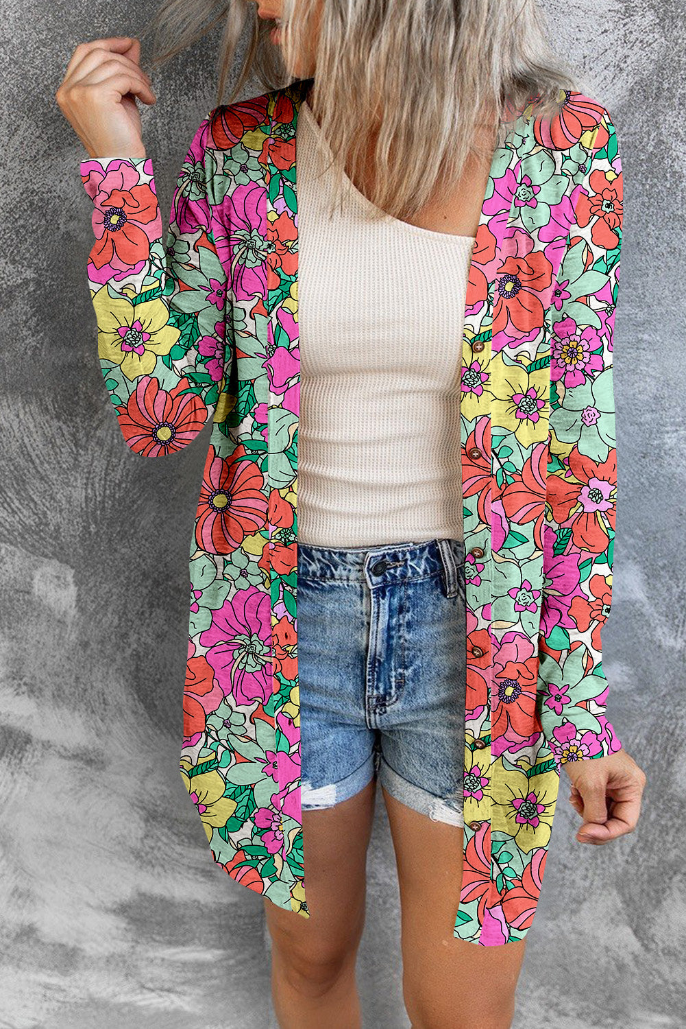 Multicolor Floral Button-Up Long Sleeve Cardigan Outerwear JT's Designer Fashion