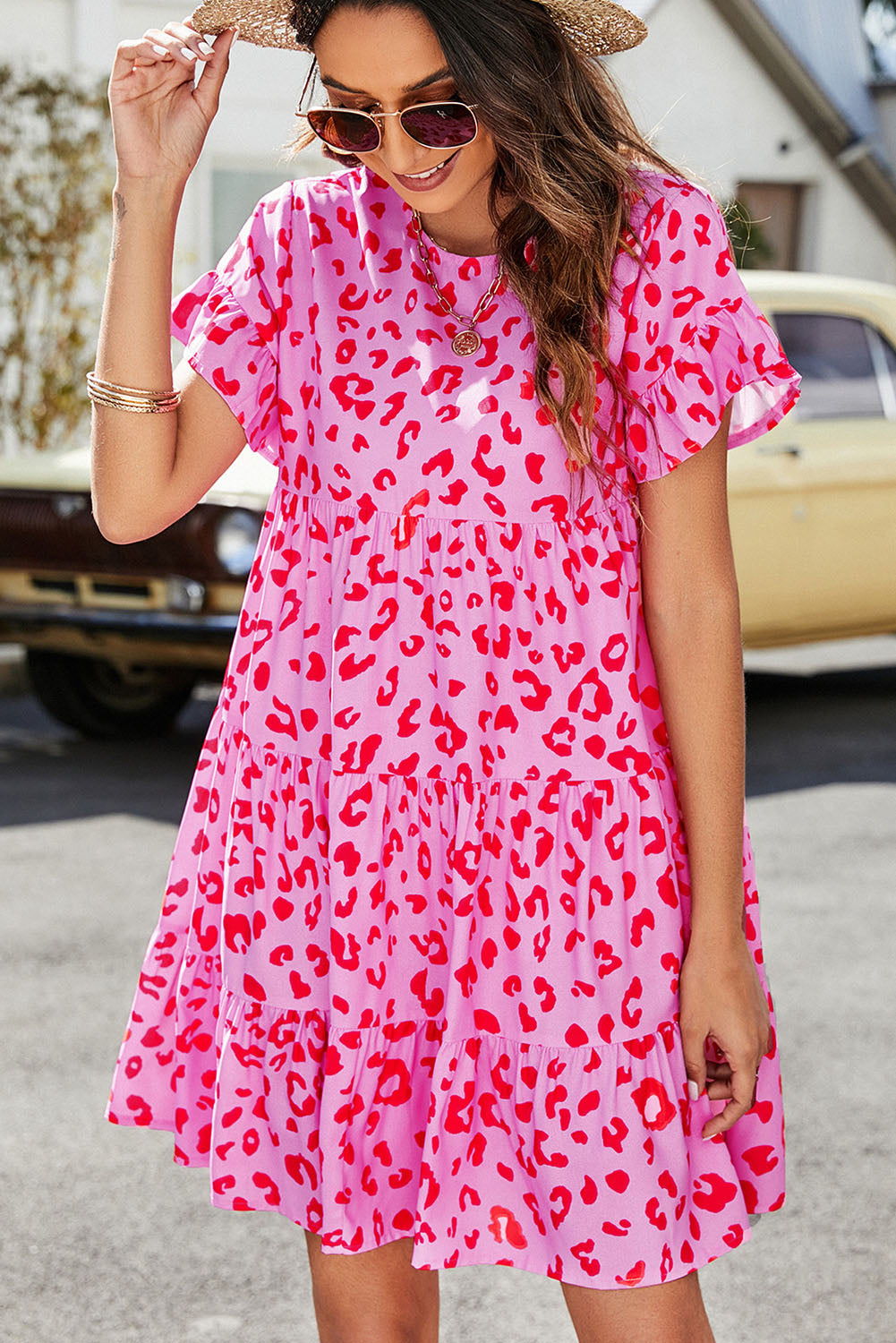 Pink Leopard Print Ruffle Short Sleeve Tiered Dress Mini Dresses JT's Designer Fashion