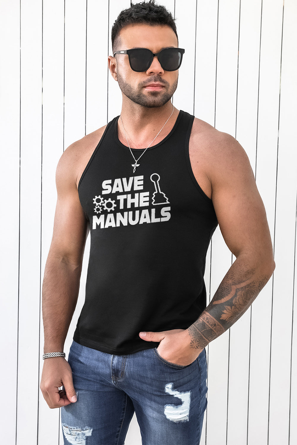 Black Save The Manuals Graphic Print Racerback Men's Tank Top Men's Tops JT's Designer Fashion