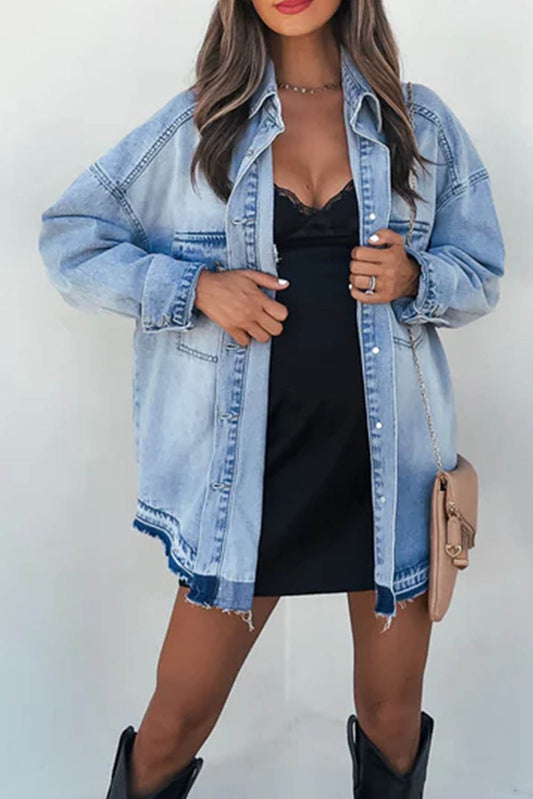 Sky Blue Flap Pocket Buttoned Oversized Denim Jacket Denim jackets JT's Designer Fashion