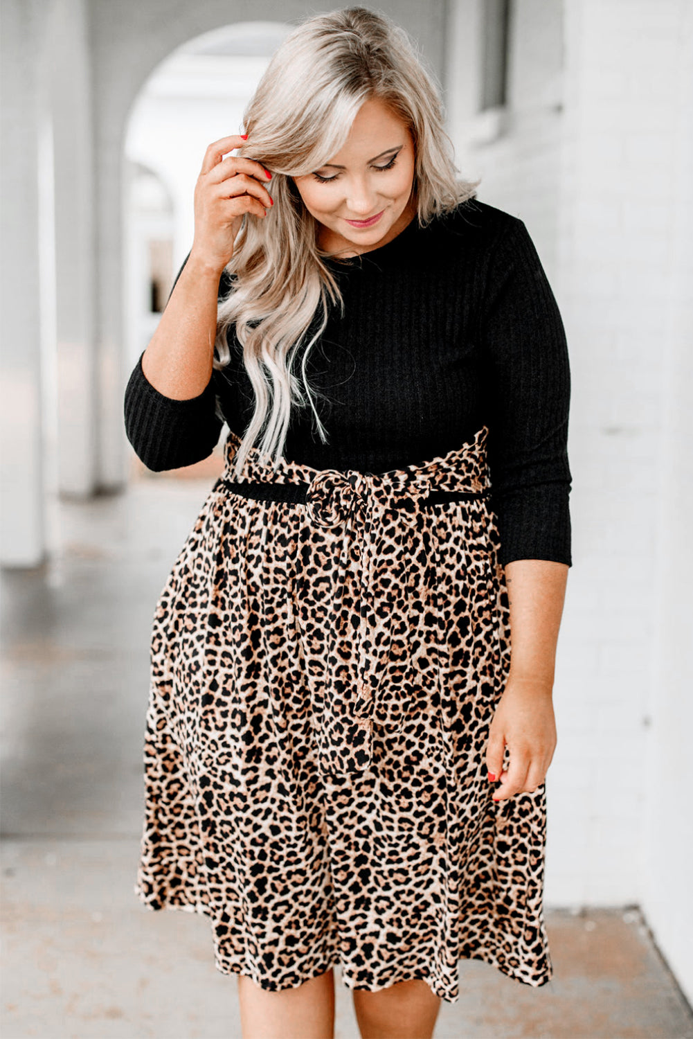 Ribbed Knit Leopard Plus Size Midi Dress Plus Size Dresses JT's Designer Fashion