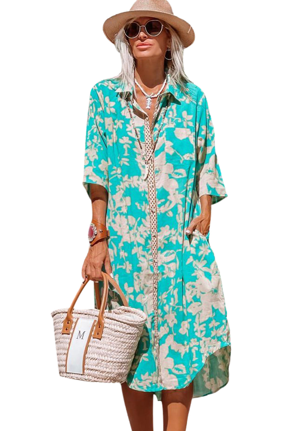 Sky Blue Floral Print Button-up Half Sleeve Maxi Dress Floral Dresses JT's Designer Fashion