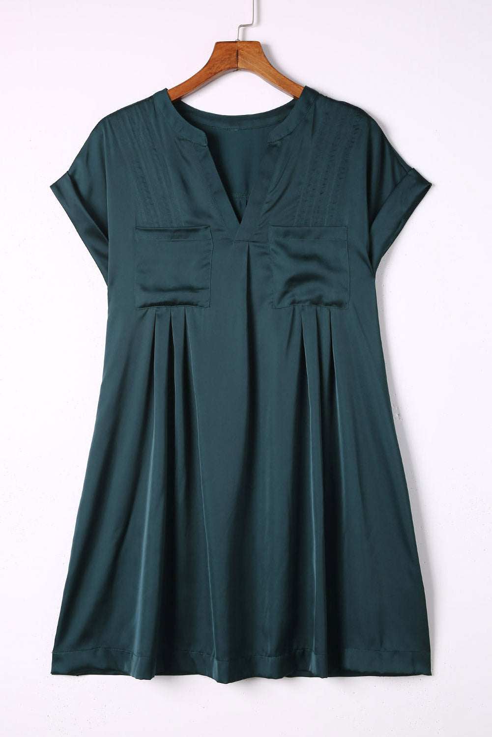 Green Notched Neckline Cuffed Short Sleeve Shift Dress Mini Dresses JT's Designer Fashion