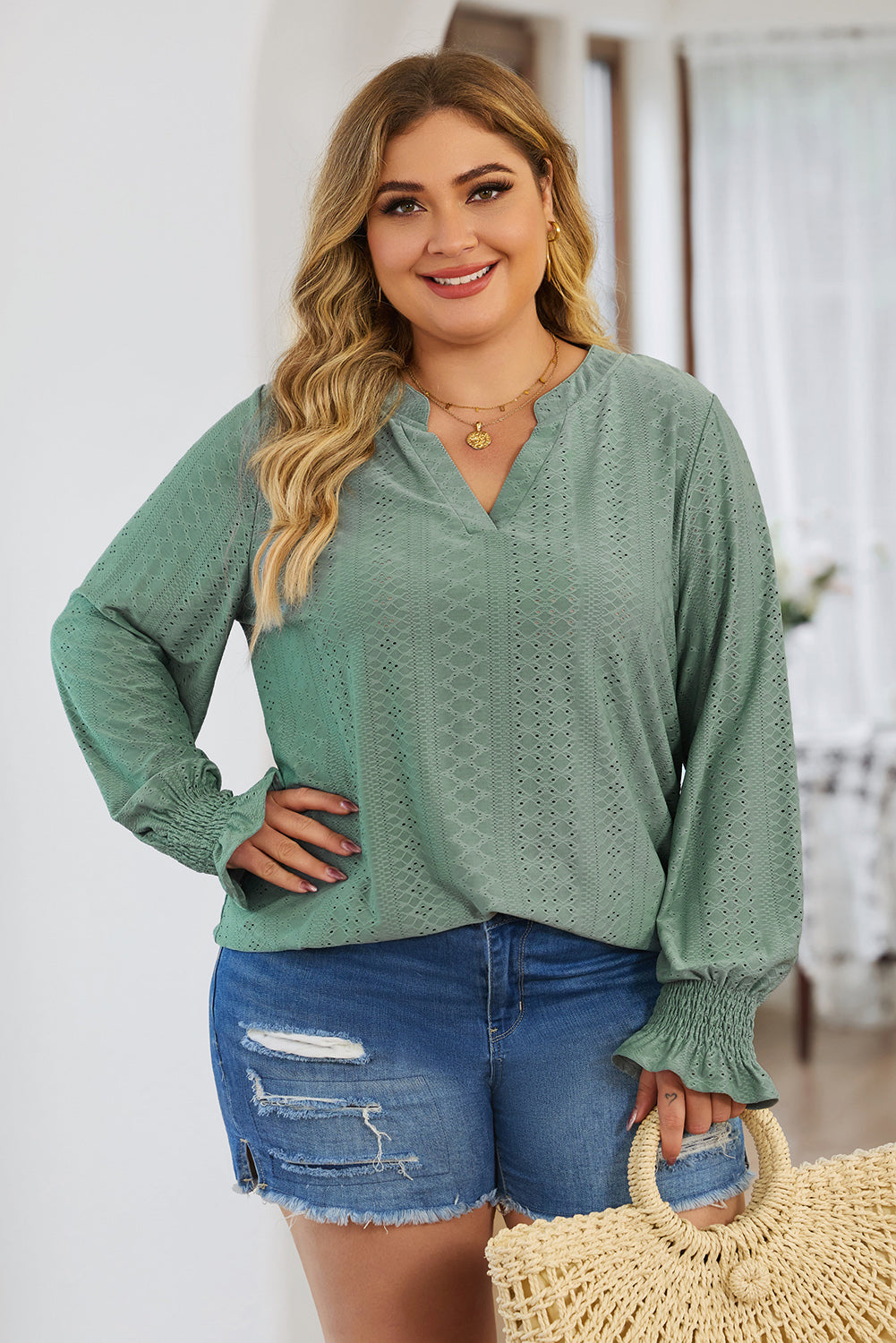 Green Eyelet Embroidered Split Neck Flounce Sleeve Curvy Top Plus Size JT's Designer Fashion