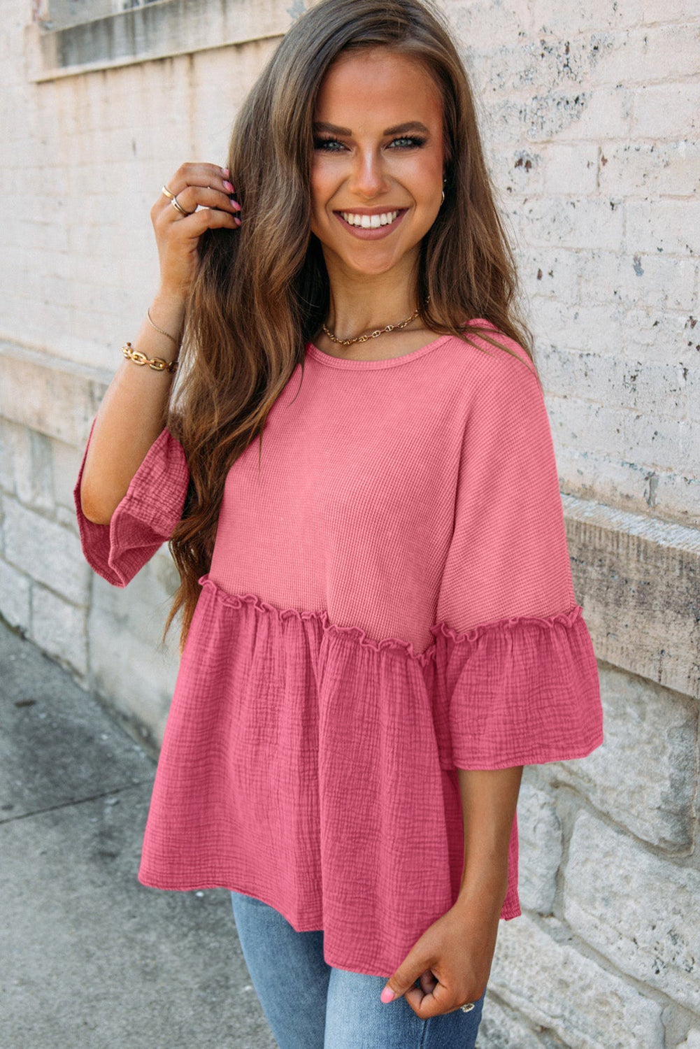 Pink 3/4 Ruffled Sleeve Textured Peplum Top Tops & Tees JT's Designer Fashion