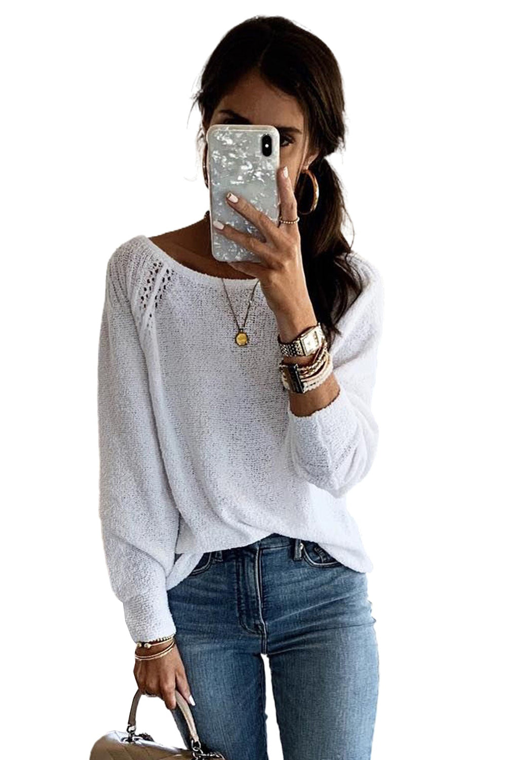 White Long Sleeve Cutout Shoulder Relaxed Sweater Tops & Tees JT's Designer Fashion