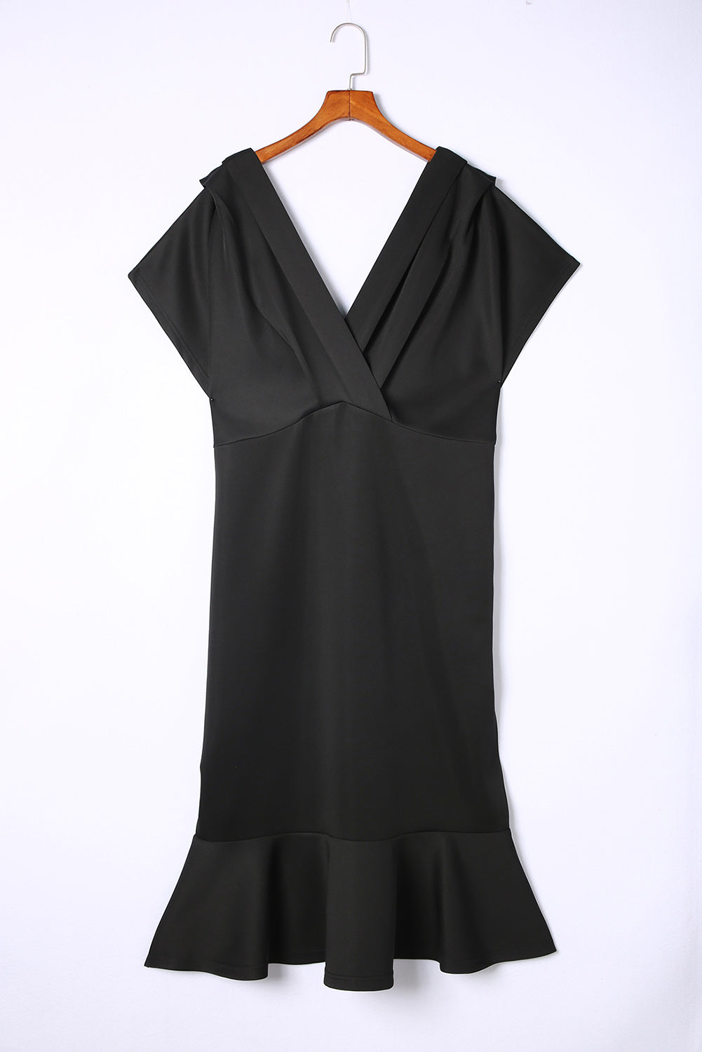 Black Plus Size Pleated V Neck Ruffle Hem Bodycon Dress Plus Size Dresses JT's Designer Fashion