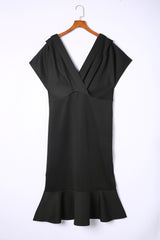 Black Plus Size Pleated V Neck Ruffle Hem Bodycon Dress Plus Size Dresses JT's Designer Fashion