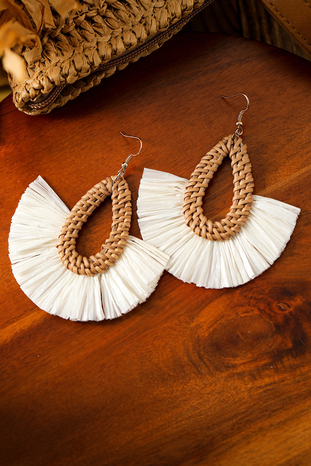 Beige Bohemian Semi-circle Woven Drop Earrings Jewelry JT's Designer Fashion