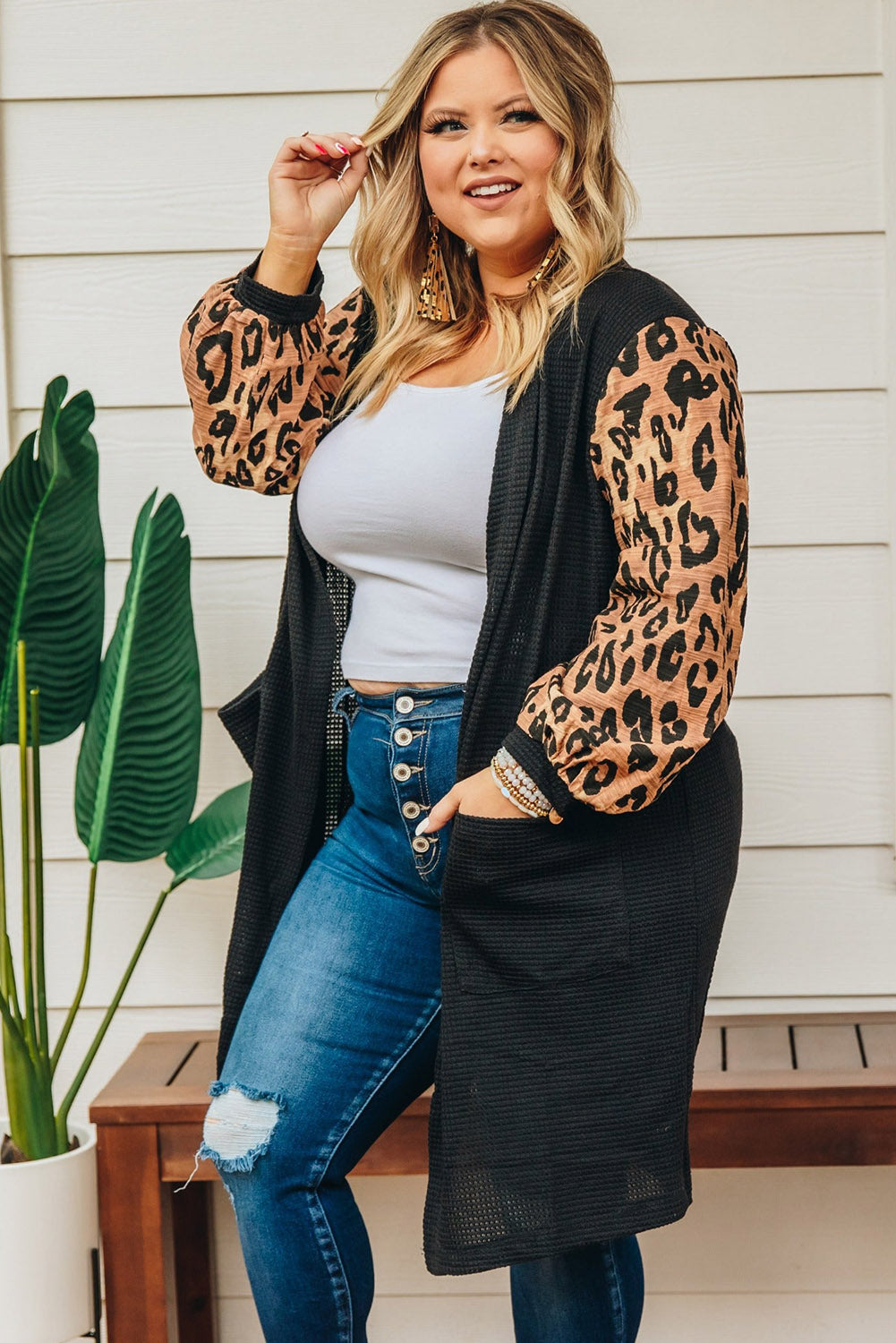 Black Plus Size Contrast Leopard Sleeve Cardigan Plus Size JT's Designer Fashion