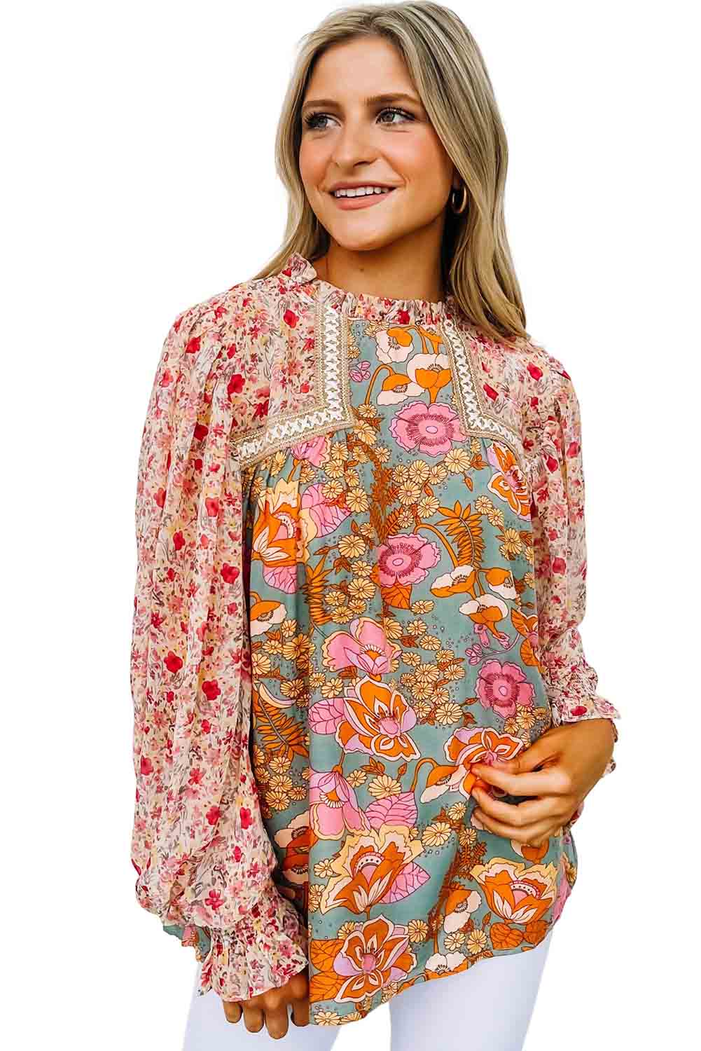 Multicolor Lace Trim Contrast Floral Long Puff Sleeve Blouse Tops & Tees JT's Designer Fashion