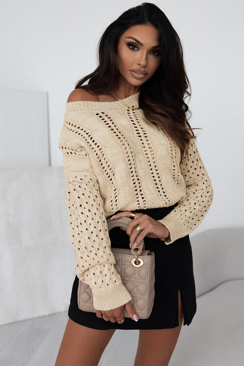 Full Size Openwork Cable-Knit Round Neck Knit Top Beige Sweaters & Cardigans JT's Designer Fashion