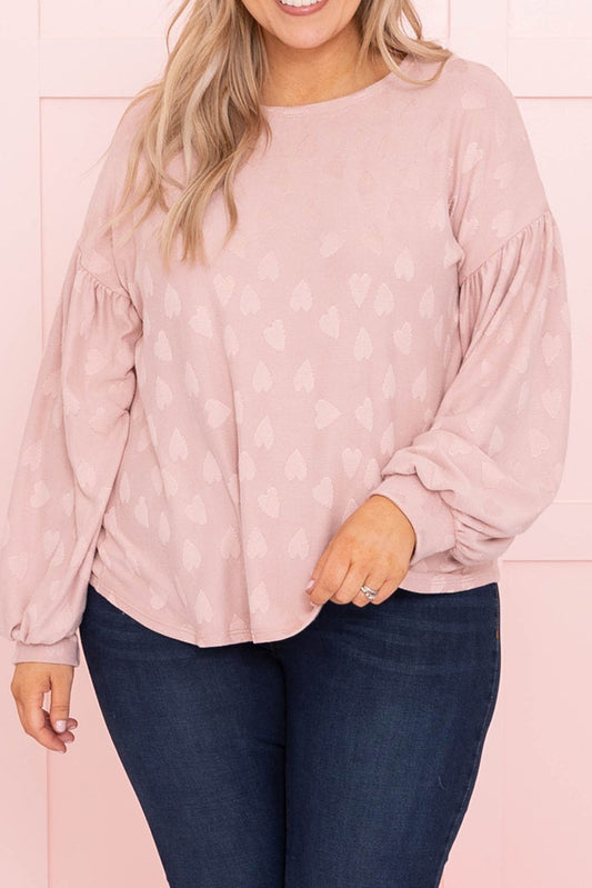 Light Pink Heart Pattern Lantern Sleeve Drop Shoulder Plus Top Plus Size JT's Designer Fashion