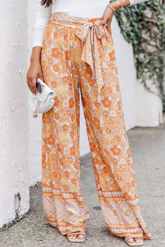 Grapefruit Orange Tie Waist Boho Floral Wide Leg Pants Bottoms JT's Designer Fashion