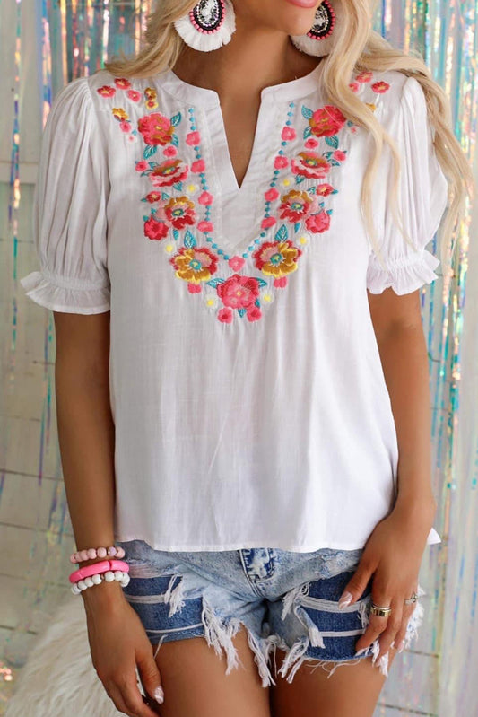 White Floral Embroidered Ruffled Puff Sleeve Blouse Blouses & Shirts JT's Designer Fashion