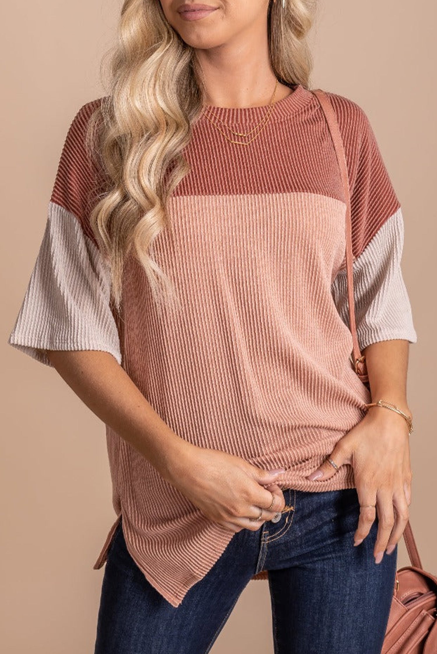 Rose Pink Color Block Ribbed Side Slits Half Sleeve Top Tops & Tees JT's Designer Fashion