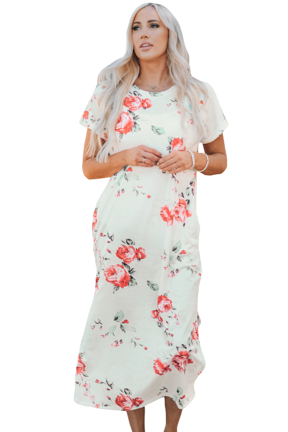 White Floral Print Side Slits T Shirt Dress T Shirt Dresses JT's Designer Fashion